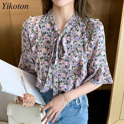 Top woman Summer Blouse 2021 New Floral Bow Chiffon Shirts Loose Plus Size Short Sleeve Fashion Women Shirt Female blusas mujer