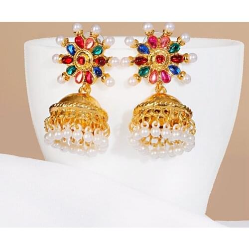 Bohemian Flower Ethnic Gold Indian Earrings For Women Retro Palace Style Pearl Bead Geometric Earring Jewelry