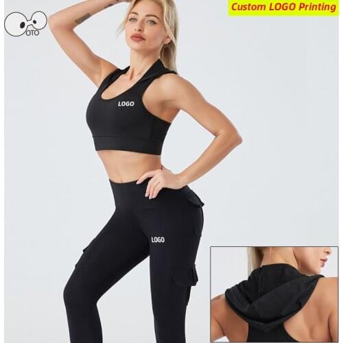 Quick Dry Elastic Hooded Sports Bra+Tights 2 Pcs Yoga Running Set Women Gym Fitness Crop Top Pants Sports Suit Clothing Custom