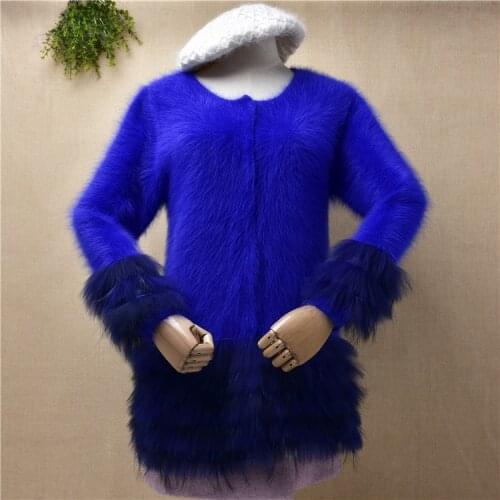 Ladies women fashion hairy plush mink cashmere knitted long sleeves 100% real fur sleeves slim blue cardigan jacket coat sweater