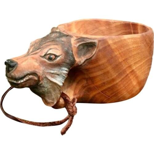 Hand Carved Wooden Mug Kuksa Animals Head Image Cup For Beer Tea Milk Camping Gear Coffee Cup Elk Mug With Lanyard Christmas