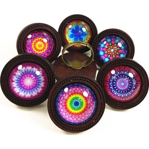 Jiangzimei 24pcs logs dark caffeine Wood cabochons with Mandala flowers Glass cabochons finger Rings Ethnic Rehabilitation