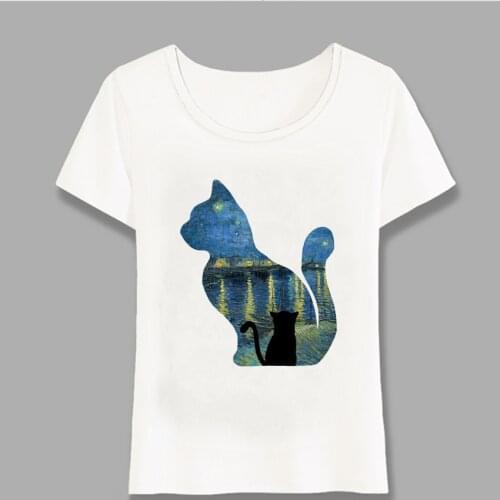 Cat Watching The Starry Night Over The Rhone T-Shirt Women T-Shirt Casual Tops Fashion Tee Van Gogh Painting t-shirt Harajuku