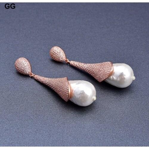 GuaiGuai Jewelry 2.4'' 16x25MM White Sea Shell Pearl CZ Pave Rose Gold Color Plated Earrings For Women