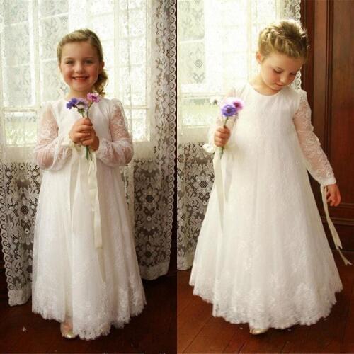 Lace Long Flower Girl Dress For Wedding Brithday Party Ivory White Fist Communion Dress Long Sleeve Poet Chilrens Wear