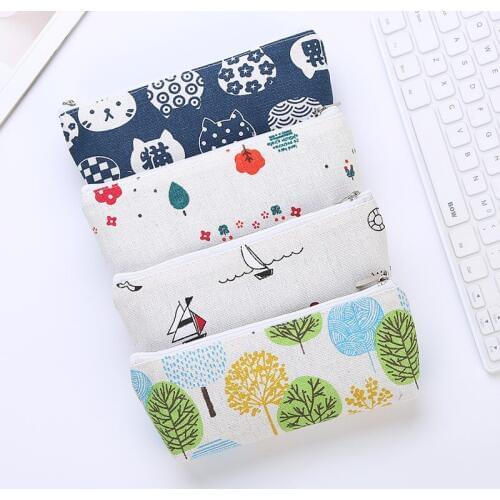 M155 Fresh Japan Korea Canvas Coin Bag Cartoon Cat Tree Sailboat Printing Pencil Bag Small Wallet Wholesale