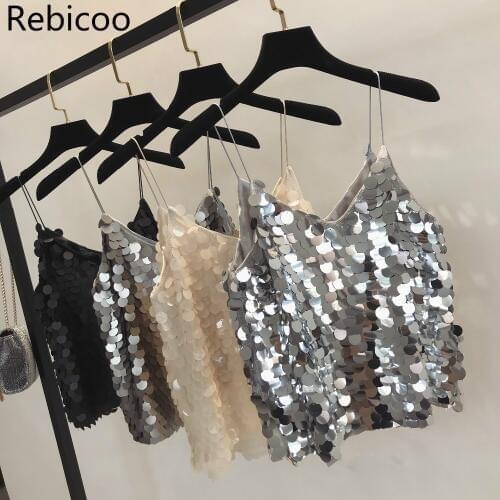 Fashion Women Sequined Tank Top New Summer Sexy V Neck Strap Club wear Girls Sequin Sleeveless Short Camisole Vest Tops