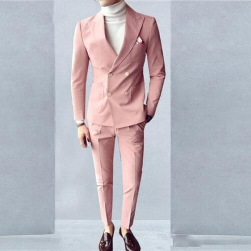 Pink Fashion Sunshine Men Suits Double Breasted 2 Pieces (Jacket+Pants) Peaked Collar Slim Fit Suits for Wedding Party Tuxedos