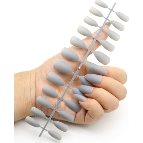 WAKEFULNESS 24Pcs Matte Long Stiletto False Nails Tips Gray Full Cover Fake Nail Tips Manicure Press On Nails Charms