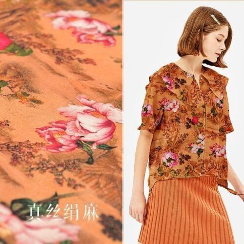 Natural silk linen original blended printed fabric silk cloth material retro high fashion cloth spring and summer