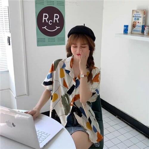 Shirts Women Panelled Geometric Single Breasted Simple Loose Streetwear Japanese Style Trendy Popular Harajuku Retro Female Ins