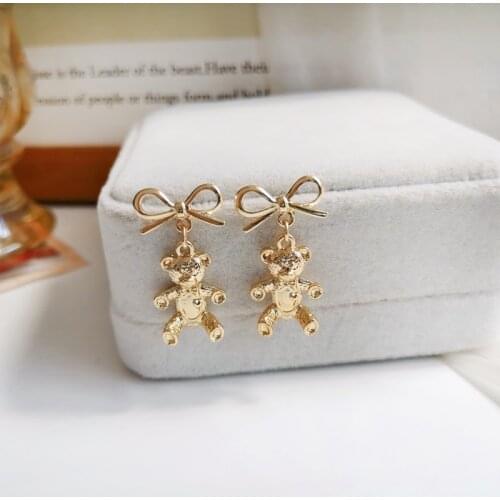 S925 Needle Cute bear earrings for women sweet bow metal vintage earring
