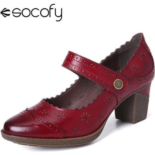 SOCOFY Retro Hollow Embossed Flower Elegant Pump Buckle Genuine Leather Solid Color Pumps Women Shoes Botas Mujer 2020