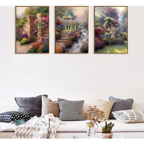 European Landscape Triple Canvas Painting Garden Pavilion Picture Study Living Room Bedroom Wonderland Decorations Painting