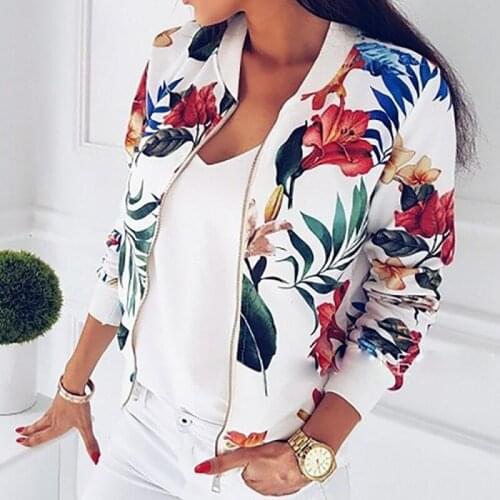 Women Floral Jackets Spring Summer Long Sleeve Zipper Print Bomber Jacket Casual Pocket Slim Female Vogue Outwears Plus Size