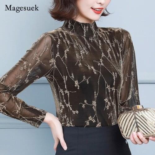 Vintage Autumn 2021 Mesh Long Sleeve T-shirt Bright Silk Half High Collar Blouse Women Elegant Sexy Splicing Shirt Blusa 16727