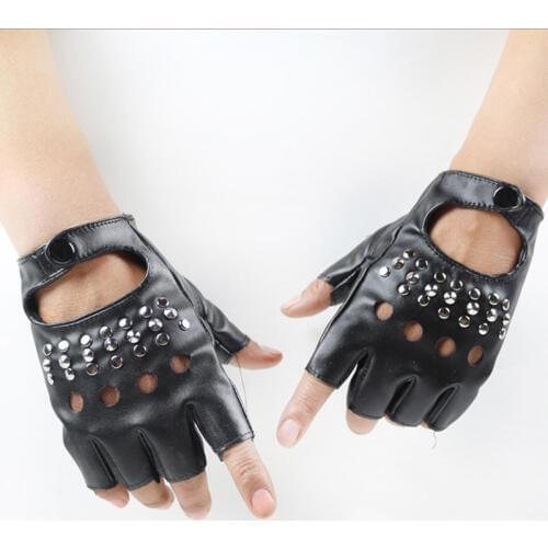 Metal Rivets Gloves Women Leather Breathable Black Half Finger Short Summer Wrist Gloves Female Party Show Leather Gloves