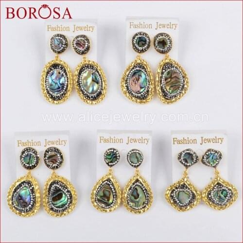 BOROSA 5Pairs Different Shape Abalone Shell Metal Gold Plated Earrings pave Crystal Zircons Drop Earrings for Women Gifts JAB876