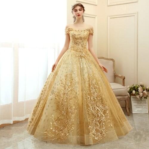 2021 Stock Cheap Gold Quinceanera Dresses Embroidery Beaded Applique Formal Prom Dress Ball Gown Sweet 16 Dress Robe De Soiree