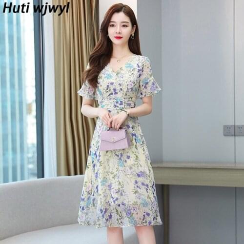 Spring Summer New Floral Chiffon Beach Boho Dress Elegant Women Bodycon Party Vestidos 2021 Vintage Plus Size Sexy Midi Sundress