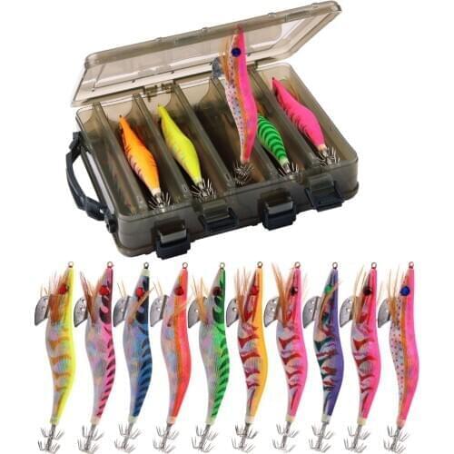 10pcs/Box Luminous Squid FIishing Baits Wooden Shrimp Jigging Bait Octopus Hard Fishing Lures 2.5#,3.0#.3.5