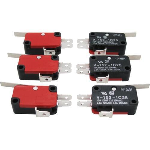 6Pcs Micro Limit Switch Short Straight Hinge Lever Arm SPDT Snap Action Switch for Arduino V-152-1C25