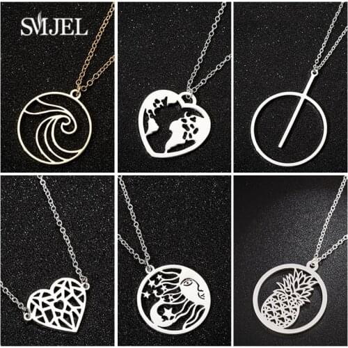 SMJEL Trendy Stainless Steel Wave Heart World Map Circle Sun Moon and Star Pineapple Pendant Necklace Women Long Chain