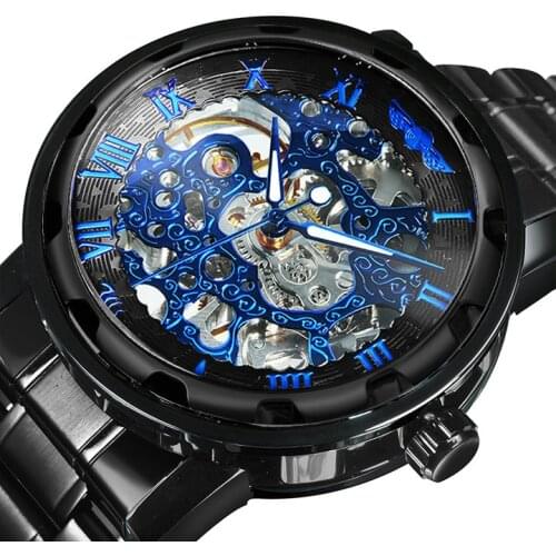 WINNER Mechanical Mens Watches Skeleton Gold Watch Men Luxury Fashion Wrist Watch Stainless Steel Strap Business Reloj Hombre