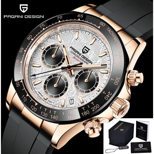 PAGANI DESIGN New Meteorite Dial Seiko VK63 Chronograph 100M Waterproof Mans Sport Quartz Wristwatch Sapphire Rubber Watch men