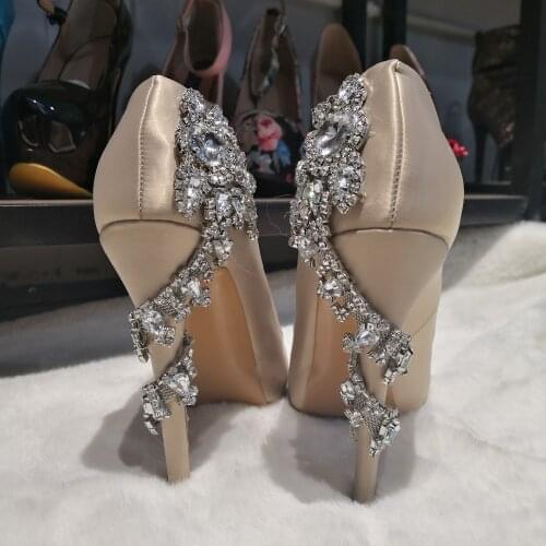 Elegant woman diamonds high heel peep toe dress shoes nude satin peep toe woman crystal wedding shoes large size custom make