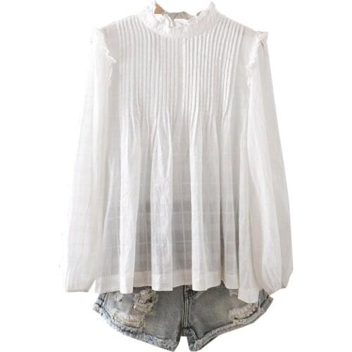 FairyNatural Women Unique Pleated Sweet Shirt Tops Ruffled Collar Ladies Back Buttons Up Blouse Cotton 100% White Brief Tops