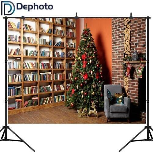 Dephoto Photography Background Christmas Tree Bookshelf Fireplace Brick Wall Backdrop Photocall Shoot Photobooth Photo Studio