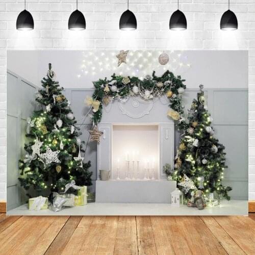 Bling Bling Stars Green Christmas Decoration Trees Fireplace Photo Background Grey Wall Wreath Pine Leaves Photography Backdrop