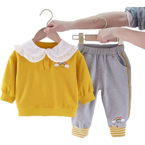 1 2 3 4 Years Pure Cotton Autumn Girls Clothing Set Cartoon Rainbow Lace Collar Suit For Baby Girl Toddler Kids Present Clothing