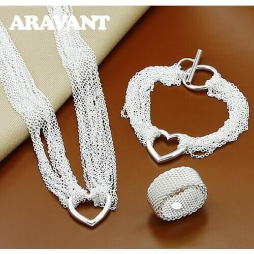 Wedding Jewelry Sets For Women 925 Silver Heart Multi Layers Necklace Bracelet Chain Weave Ring Fashion Jewelry Set