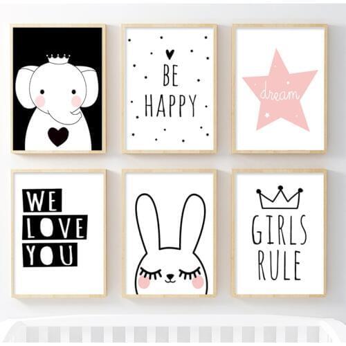 Cute Cartoon Elephant Rabbit Baby Nursery Wall Art Canvas Posters Print Painting Nordic Kids Decoration Picture Bedroom Decor