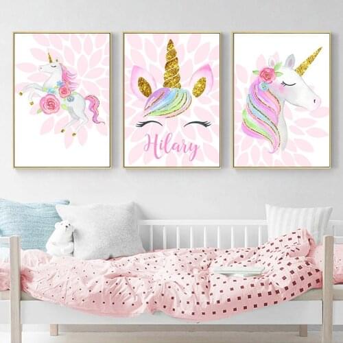 Cartoon Pink Unicorn Nursery Posters Custom Name Wall Art Print Canvas Painting Beauty Pictures Baby Kids Room Decoration