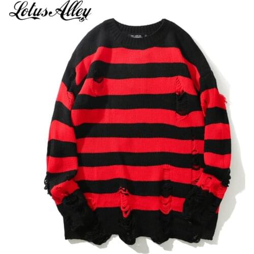 Punk Rock Striped Sweaters Black Red Ripped Knitwear With Tassel Streetwear Oversized Men Pullover Long Sleeve Harajuku Sweater