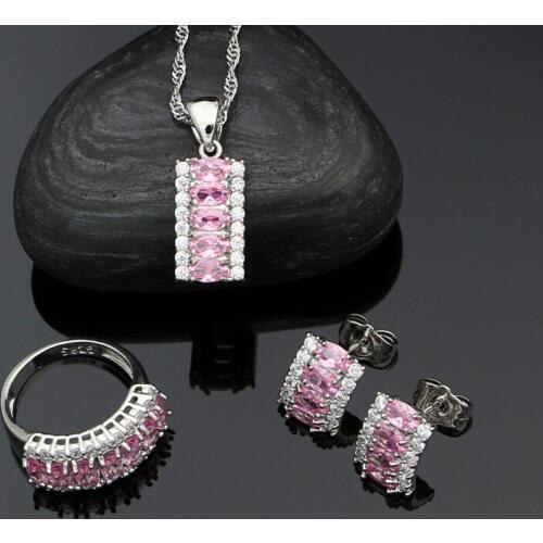 Cute Pink Stones White Crystal 925 Silver Bridal Jewelry Sets For Women Stud Earrings Ring Pendant Necklace Set