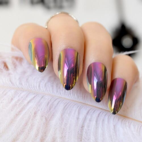 Fashion Chameleon Fake Nails Holographic Color Shiny Ladies Acrylic Nail Art Tips 24pcs False Nails with Glue sticker