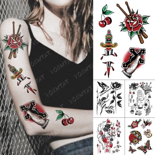 Waterproof Temporary Tattoo Stickers Dagger Blood Cross Rose Old School Cherry Flash Tattoos Female Body Art Fake Tatoo Male