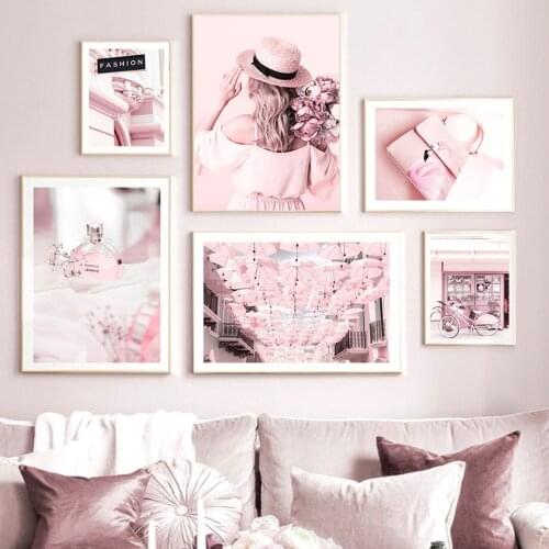 Pink Peony Flower Bike Girl Bag Perfume Wall Art Canvas Painting Nordic Posters And Prints Wall Pictures Living Home Decoration