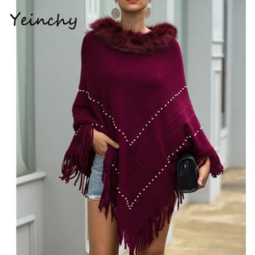 Yeinchy women fashion O neck long batwing sleeve cloak ladies autumn winter balls tassel fur collar and beading sweater FM6263