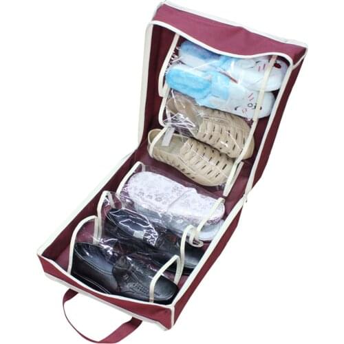Portable Travel Shoe Bags Nylon Organizer Storage Zipper Closure Clear Cover 6 Pair/Pockets