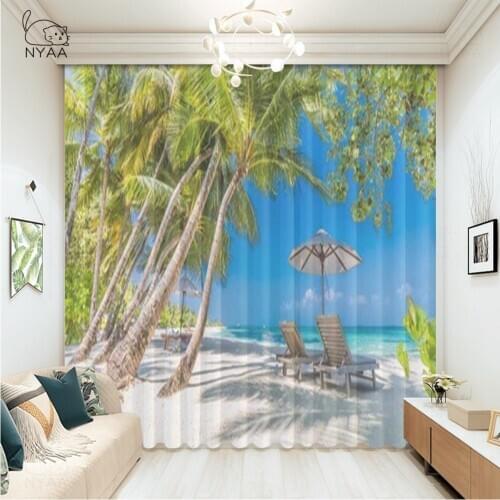 Conch Starfish Blue Sea Beach Printing Curtain Kitchen Curtains For Window Room Design Curtains Blackout Grommet Micro Shading