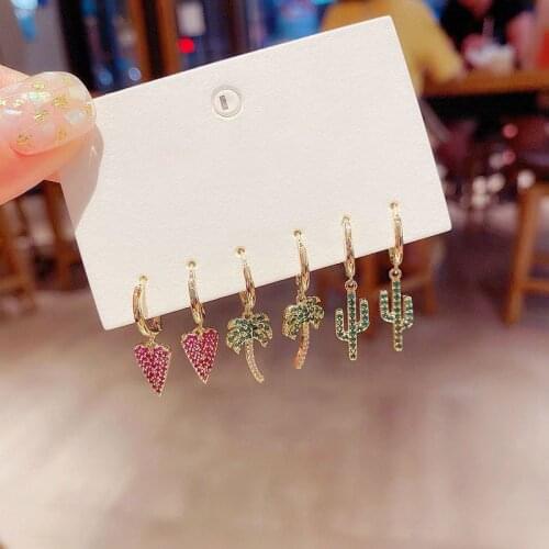 Colorful Love Heart Coconut Tree Cactus Hoop Earrings Set for Women Shiny CZ Jewelry Christmas Gifts S-E1363