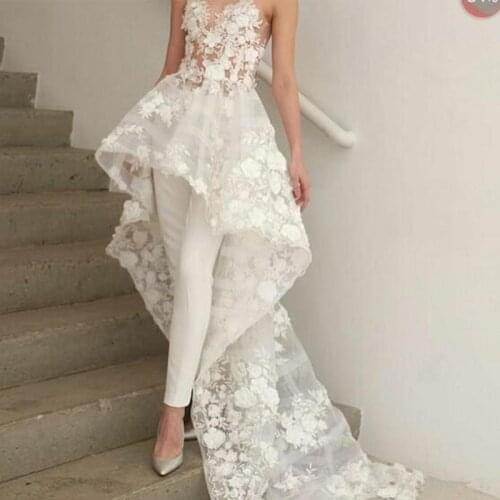 Sexy New Bohemian White Jumpsuits Wedding Dresses Long Train 2019 Sweetheart Lace 3D Floral Appliques Bridal Gown No pants