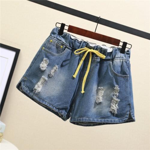 New Denim shorts Casual fashion Loose plus size Hole Solid color pocket High waist Elastic Waist Womens clothing summer