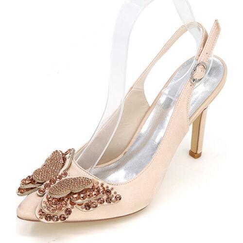 High Heels Satin Crystals Wedding Shoes for Bride Pointed Toe Heeled Buckle Strap Evening Bridal Party Pumps Women