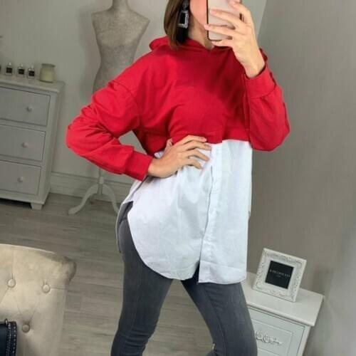 Spring Hoodies Women Shirt Sweatshirts Casual Slit Hooded Patchwork Blouse Pullover Autumn Ladies Top Camisolas Das Mulheres
